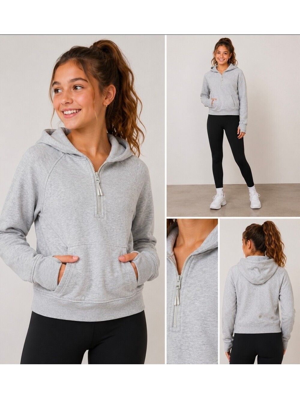 Athleta Girl XL 14 Gray Quarter Zip Hoodie Pullover Thumbholes Kangaroo Pocket